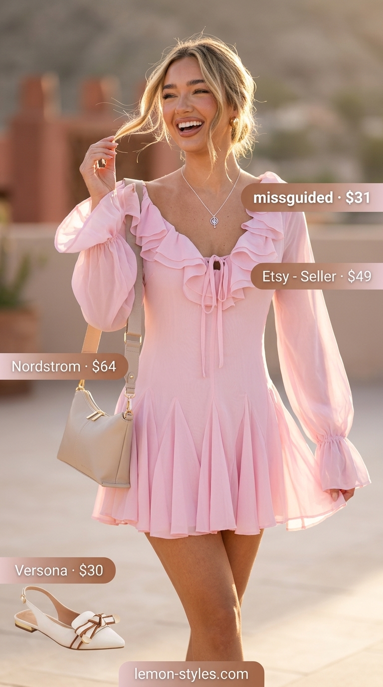 Sweetheart off-shoulder dress outfit 2026: Pastel pink mini dress, silver necklace, white crossbody bag, ballet flats for date night.
