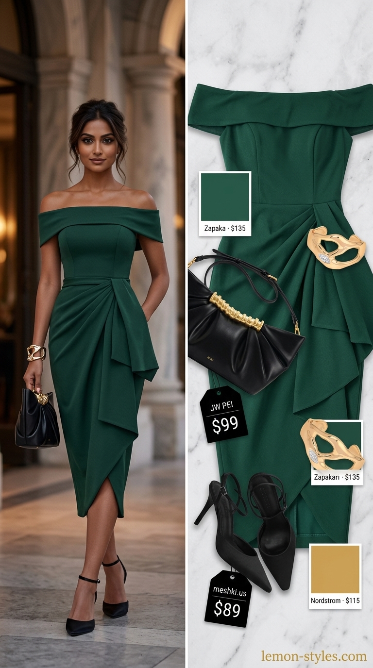 Forest green off-shoulder sheath dress with black heels for an urban evening out 2026.