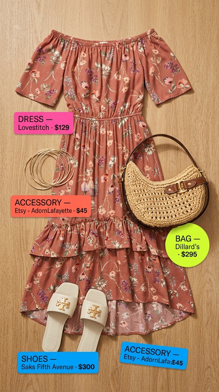 Vacation ready off-shoulder maxi dress outfit 2026: Terracotta dress, cream sandals, woven bag for resort wear.