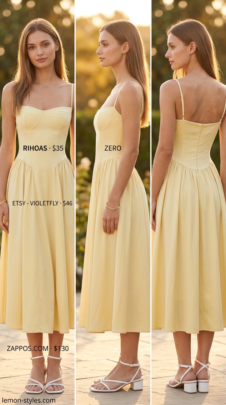 Pale yellow A-line dress with straw bag & block heels for a summer old money outfit for women 2026.