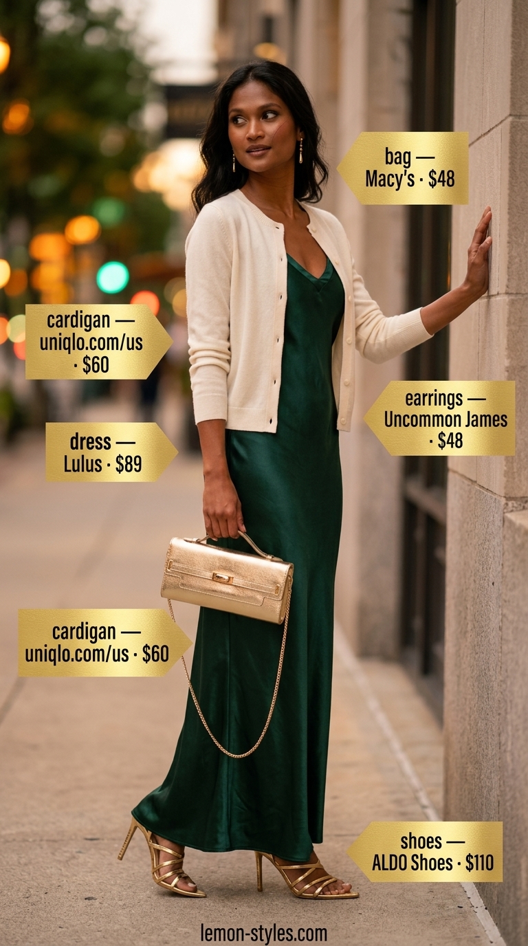 Emerald green silk slip dress with cream cardigan & gold sandals for a summer old money outfit for women 2026.