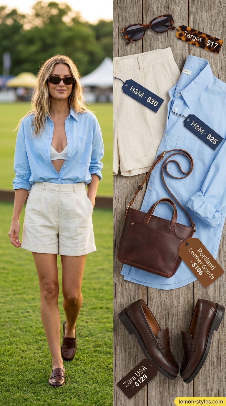 Sky blue linen shorts with white button-down & loafers for a summer old money outfit for women 2026.