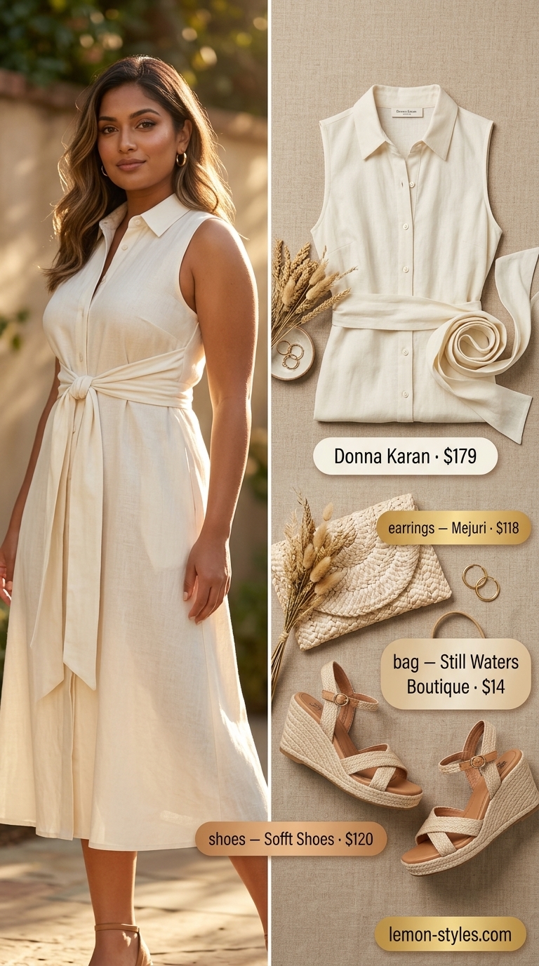 Cream linen shirt dress with espadrilles & straw clutch for a summer old money outfit for women 2026.
