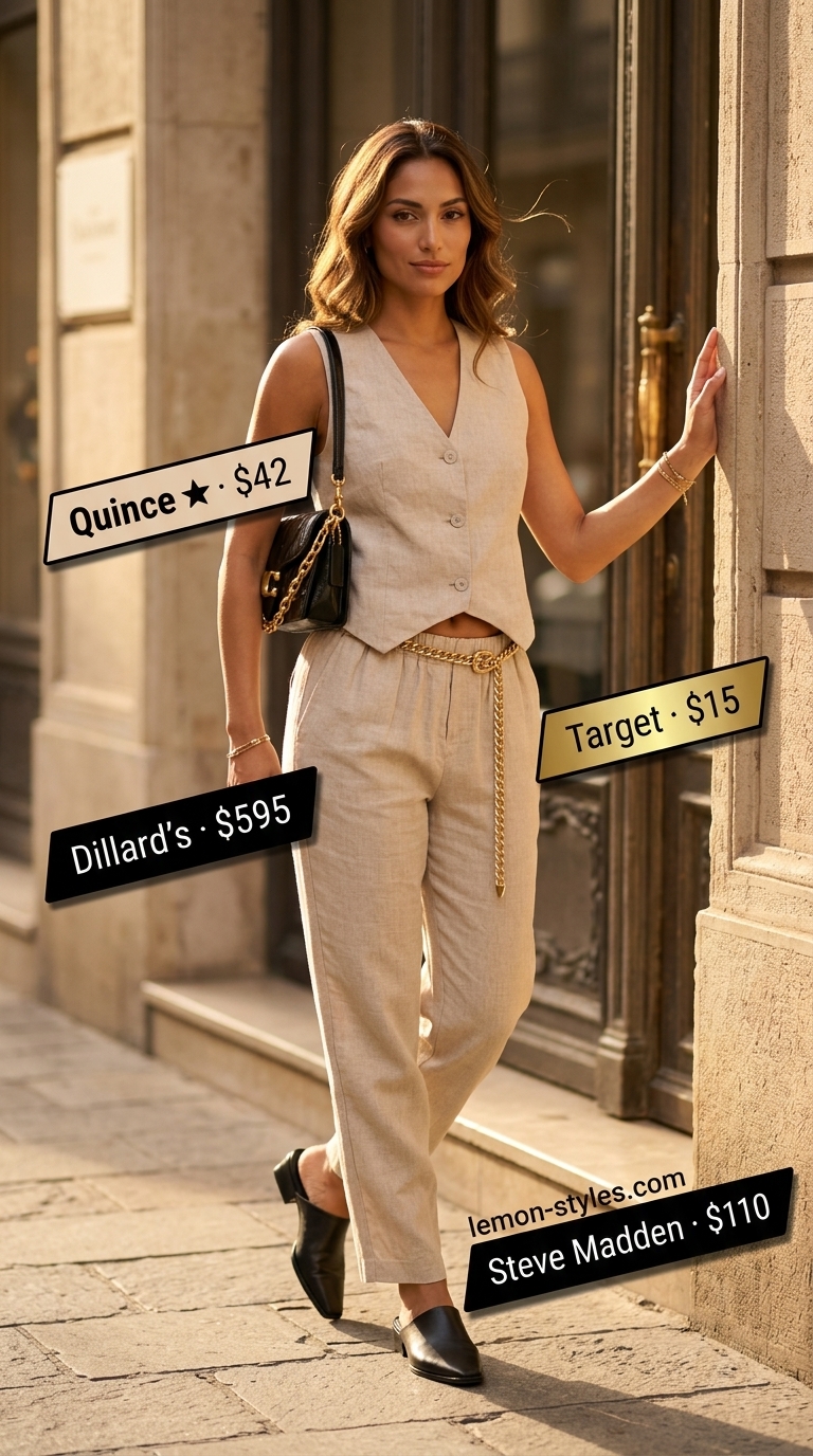 Warm beige linen vest & trousers set with black mules for a summer old money outfit for women 2026.