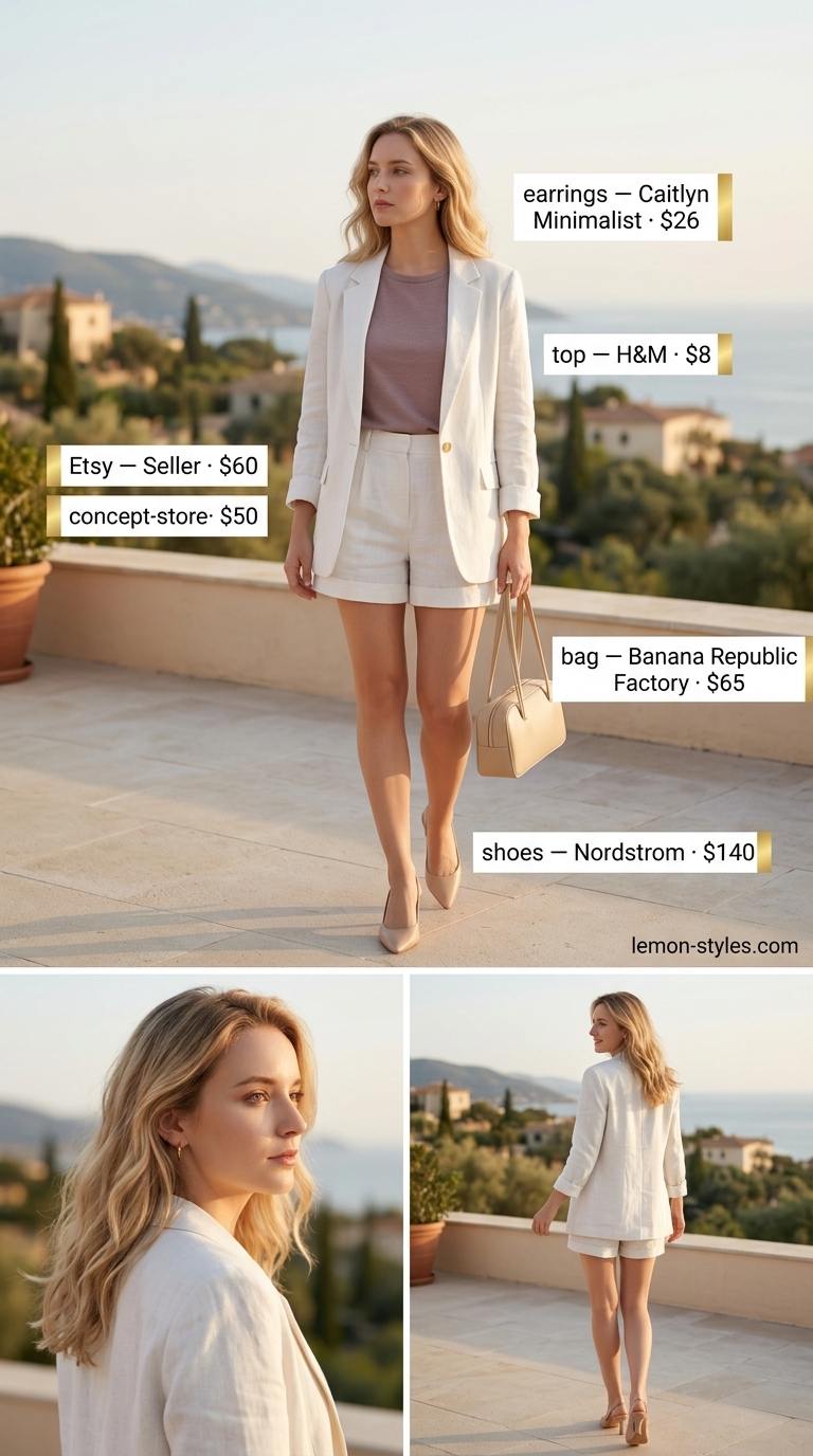 Light beige linen blazer & shorts set with white tee for a summer old money outfit for women 2026.