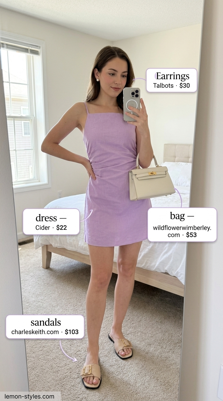 Soft lavender linen mini dress with nude slides & pearl earrings for a summer old money outfit for women 2026.