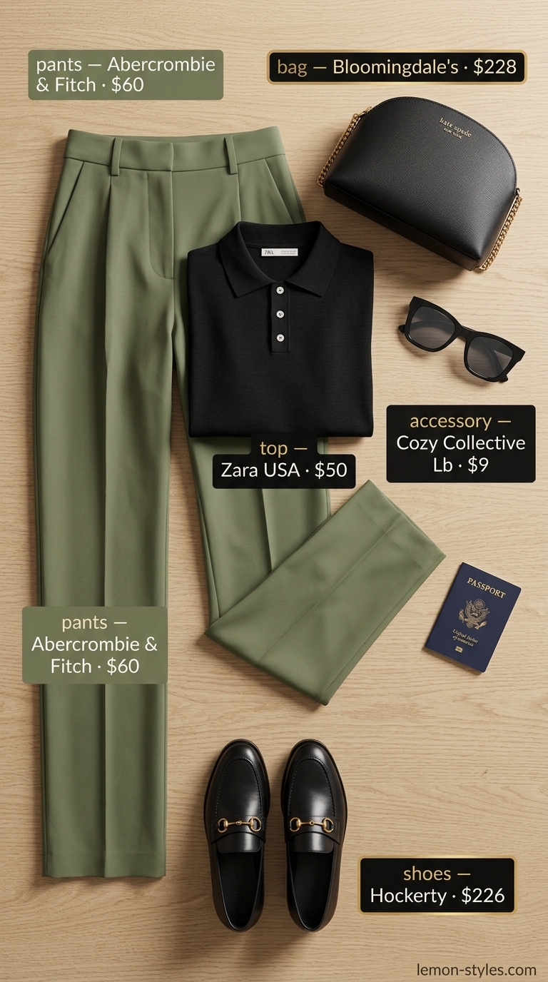 Khaki tailored trousers with black knit polo & loafers for a summer old money outfit for women 2026.