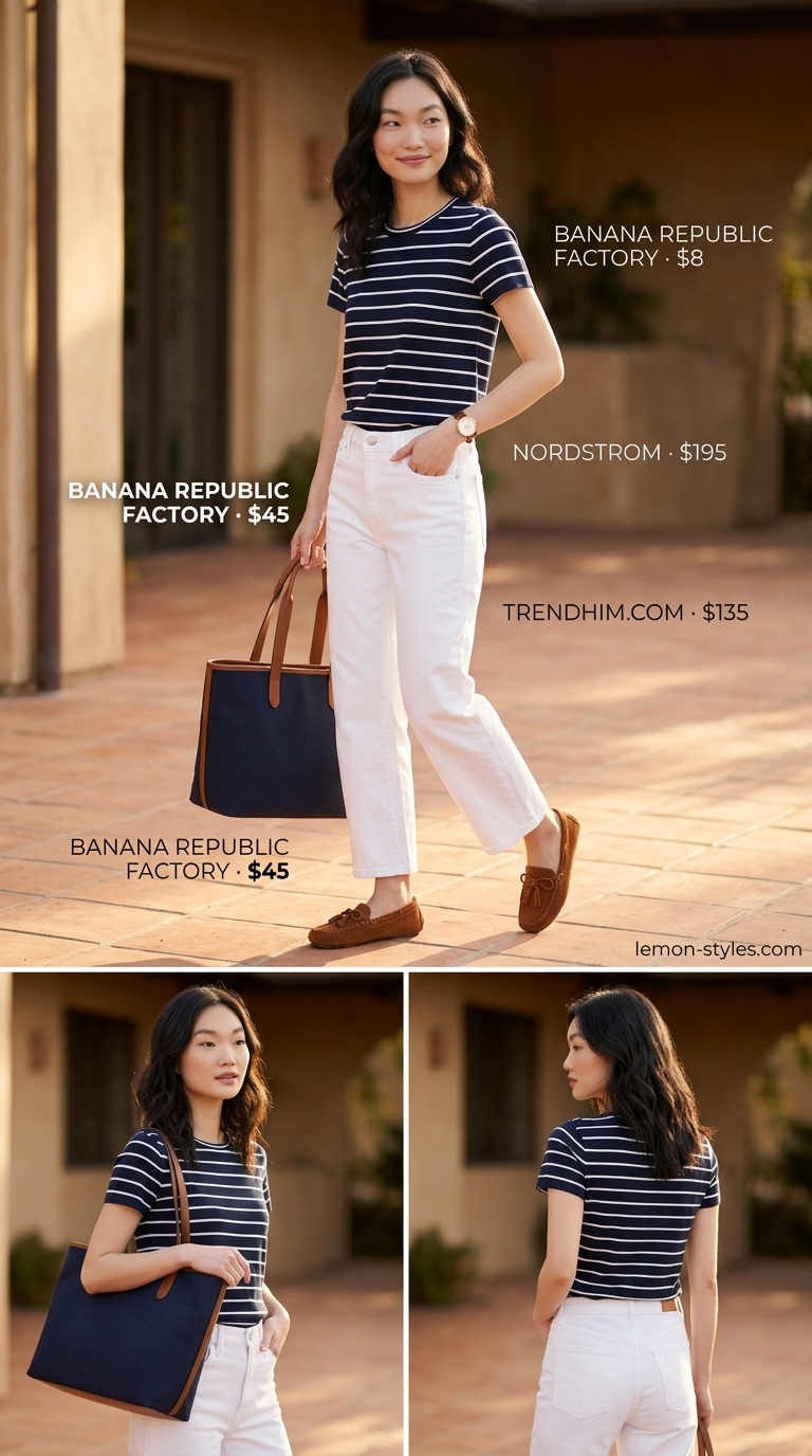 White straight-leg jeans with striped knit top & loafers for a summer old money outfit for women 2026.