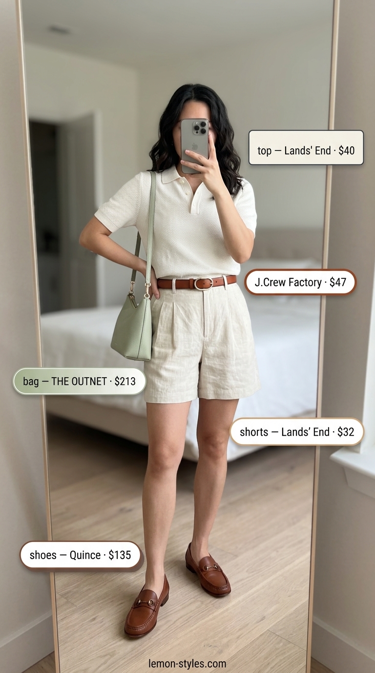 Summer old money outfit for women 2026: Camel shorts, ivory polo, sage green bag for country club casual.
