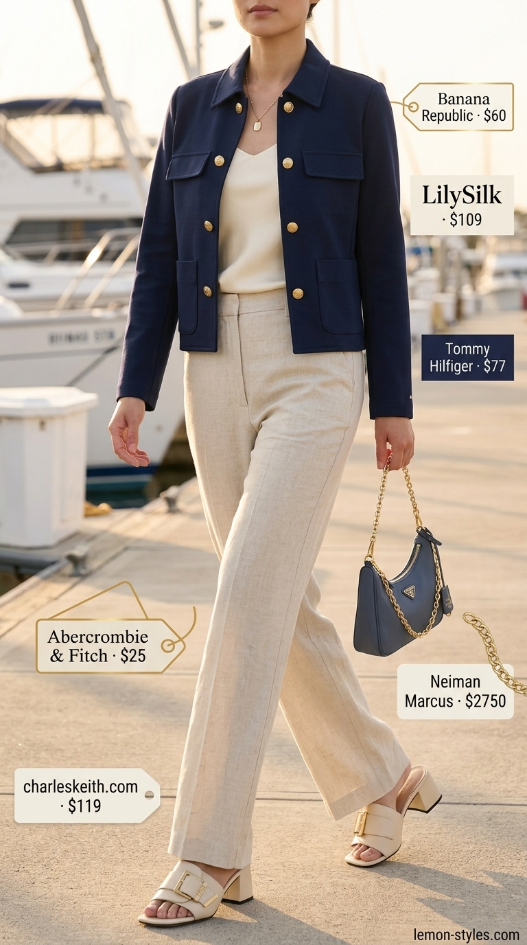 Summer old money outfit for women 2026: Cream linen pants, silk cami, navy knit jacket, gold necklace for Riviera yacht club.