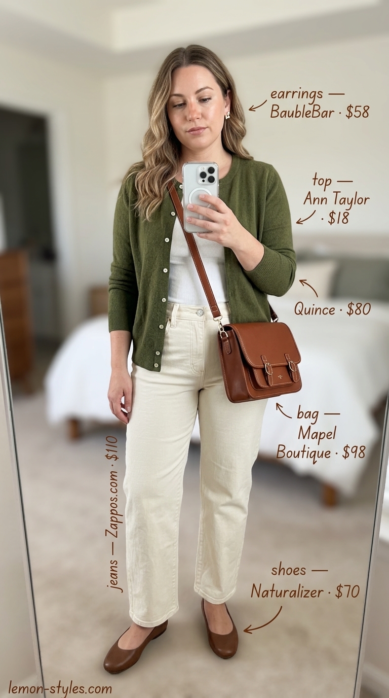 Summer old money outfit for women 2026: Ecru jeans, olive cardigan, brown bag, ballet flats for weekend stroll.
