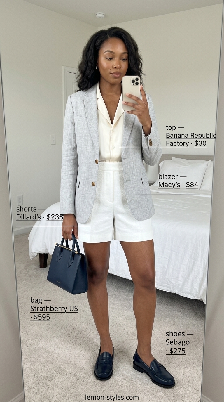 Summer old money outfit for women 2026: Linen shorts, grey blazer, white shell top, navy tote for afternoon tea.