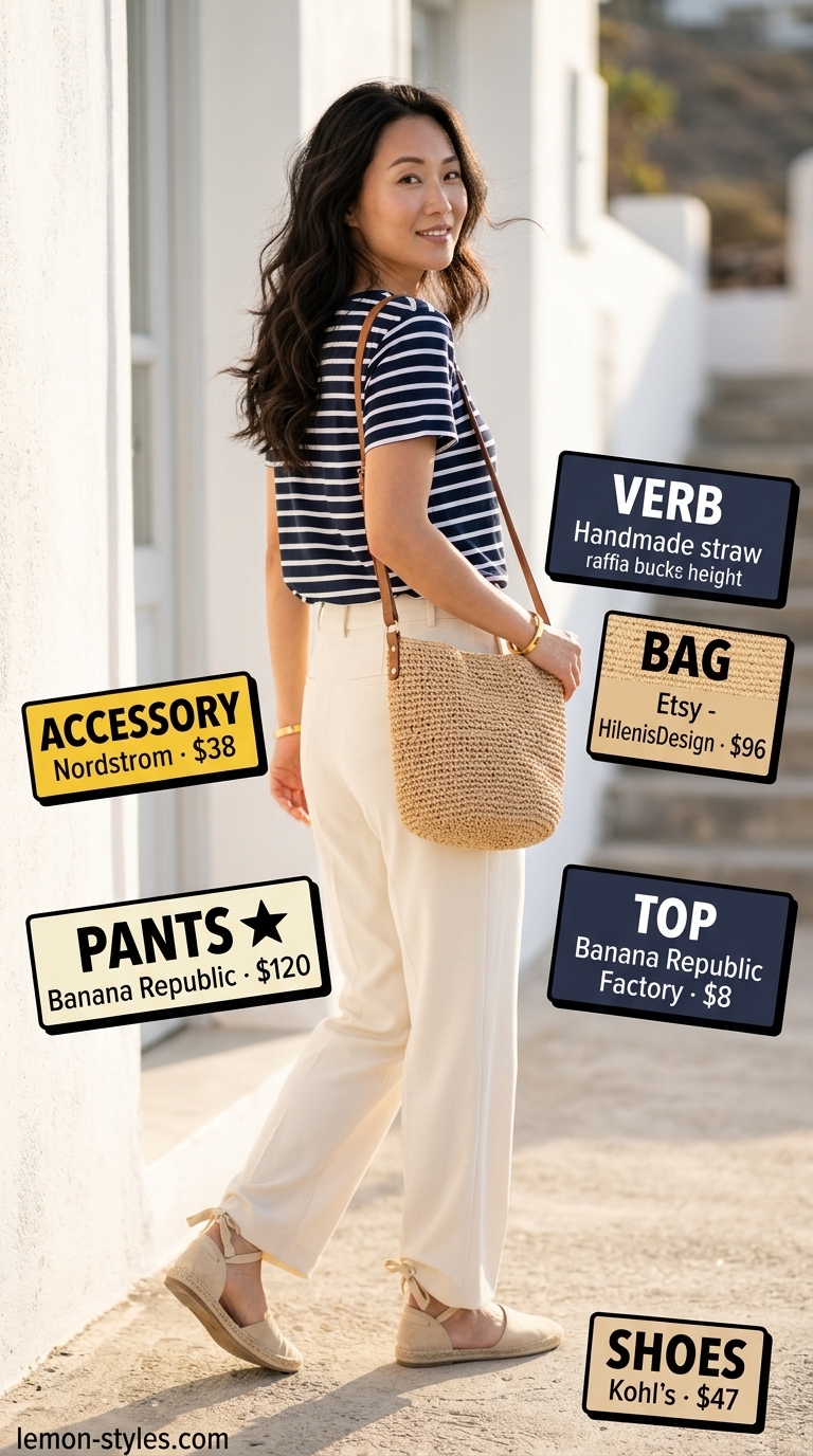 Summer old money outfit for women 2026: White trousers, navy stripe top, raffia bag, gold jewelry for coastal brunch.