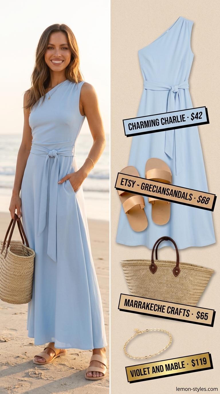 Coastal Breeze Maxi: Sky blue one-shoulder cotton voile dress, tan leather slides, straw tote. Perfect summer one shoulder neck outfits for women 2026.