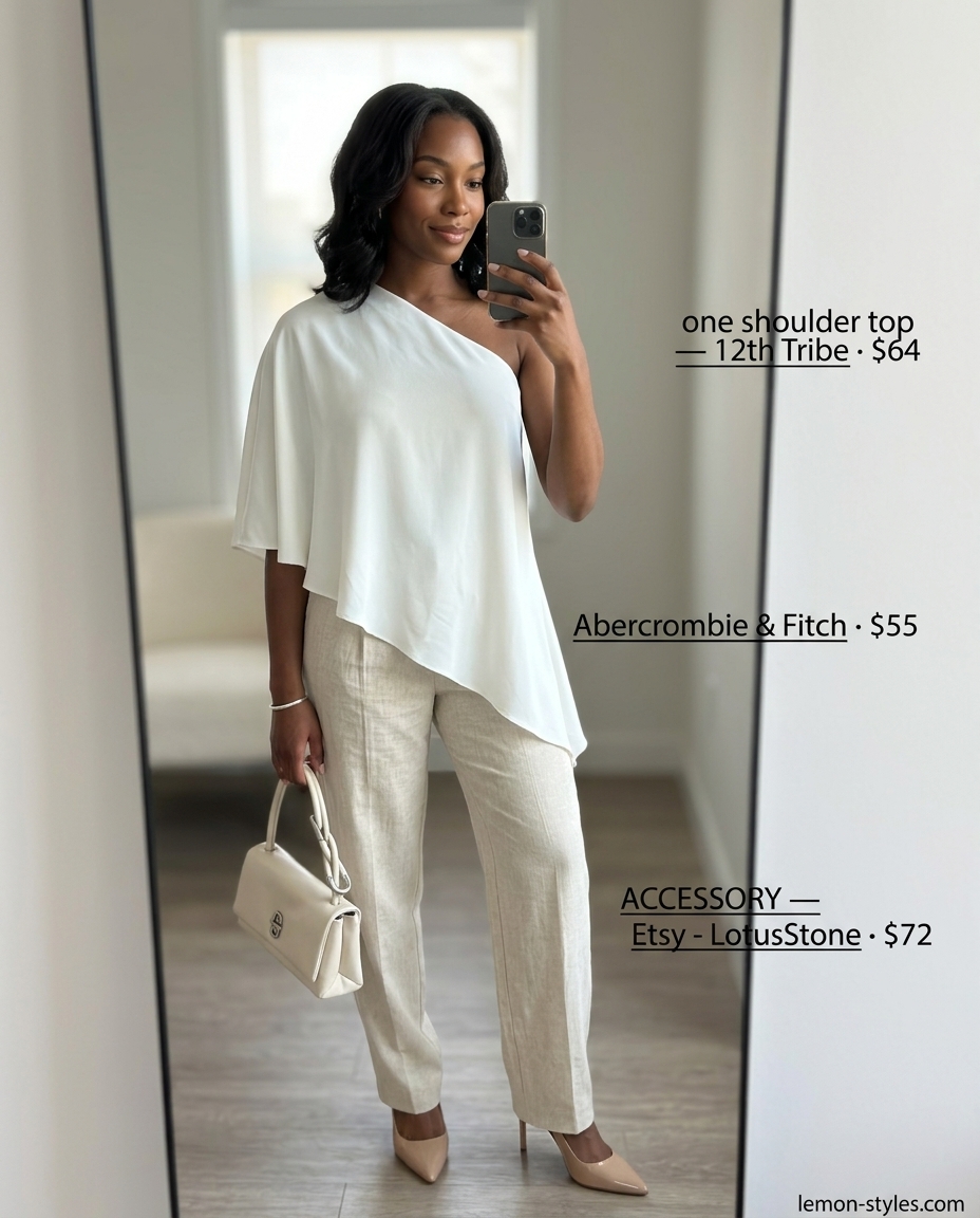 Modern Minimalist: White one-shoulder top, cream trousers, nude heels. Polished summer one shoulder neck outfits for women 2026.