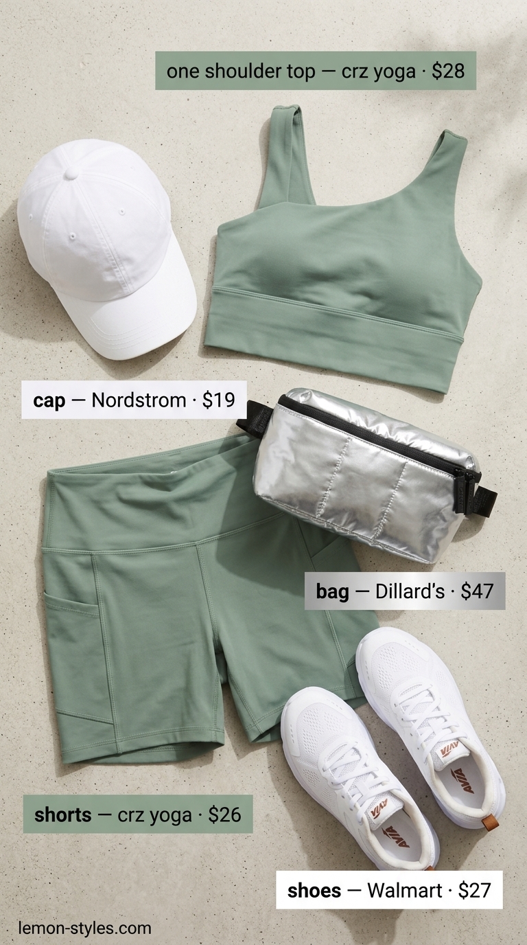Sporty Summer Set: Sage green one-shoulder sports bra & biker shorts, white sneakers. Athleisure summer one shoulder neck outfits for women 2026.