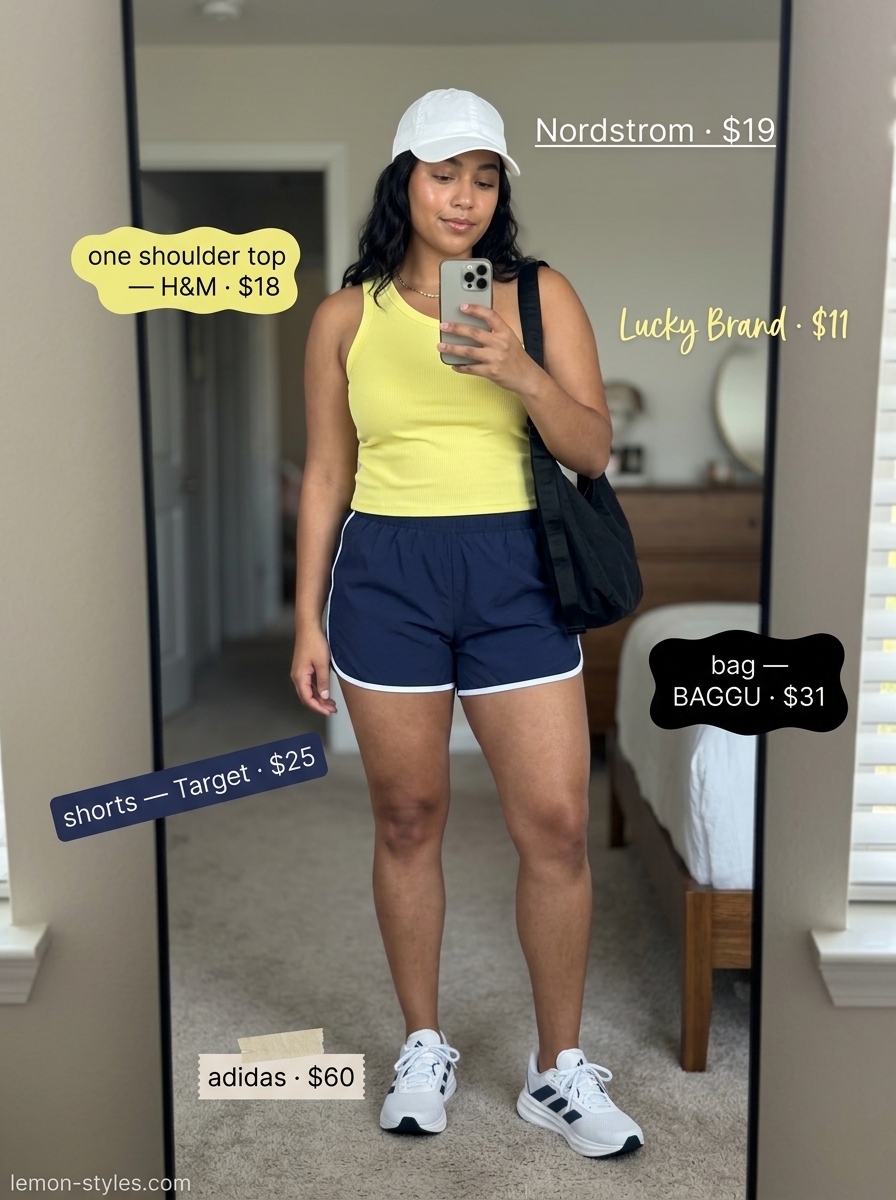 Sporty Summer Vibe: Yellow one-shoulder tank, navy shorts, white cap. Energetic summer one shoulder neck outfits for women 2026.