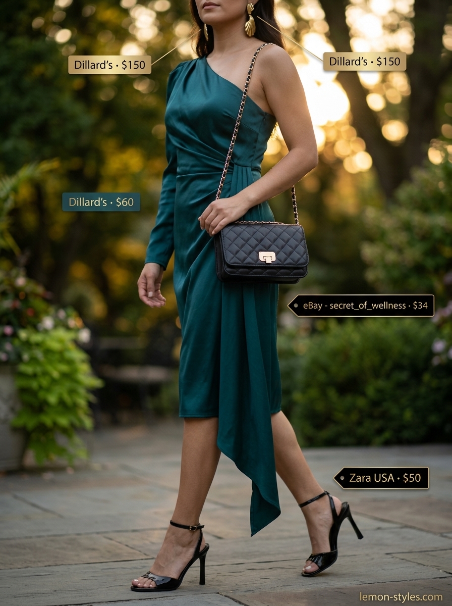 Sunset Glow Midi: Coral one-shoulder wrap dress, black heels & clutch. Vibrant summer one shoulder neck outfits for women 2026.