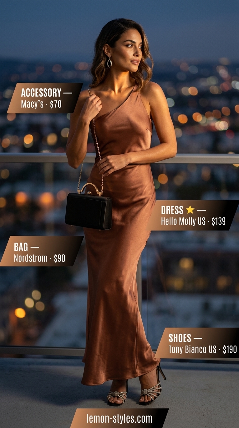 Sunset Glow Slip Dress: Bronze one-shoulder slip dress, black heels & clutch. Glamorous summer one shoulder neck outfits for women 2026.