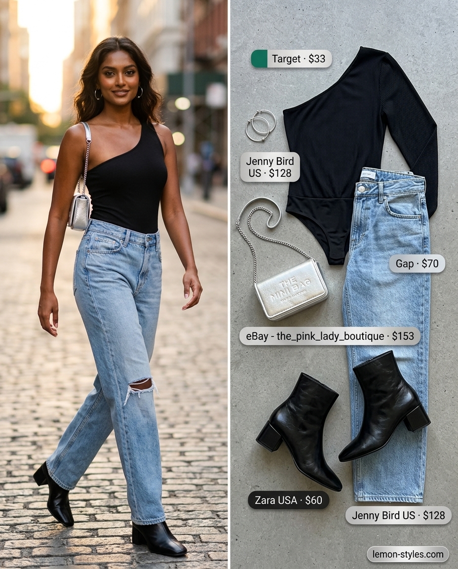 Urban Chic: Black one-shoulder bodysuit, light wash jeans, silver accessories. Edgy summer one shoulder neck outfits for women 2026.