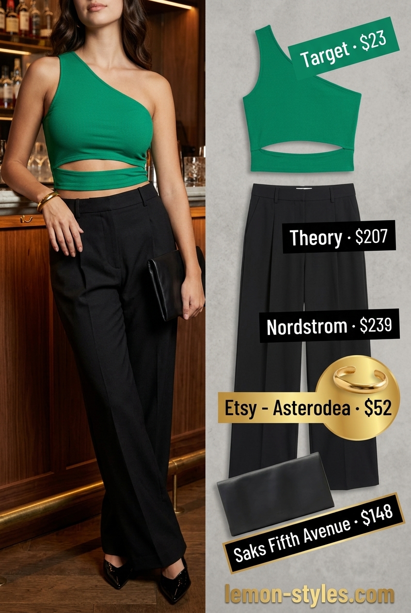 Urban Oasis Wide Leg: Emerald green one-shoulder top, black wide-leg trousers. Chic summer one shoulder neck outfits for women 2026.