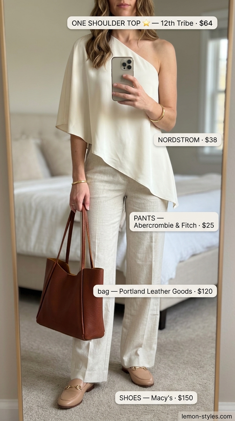 Beige linen one shoulder top, wide-leg trousers, leather tote. Summer One Shoulder Neck outfits for women 2026.