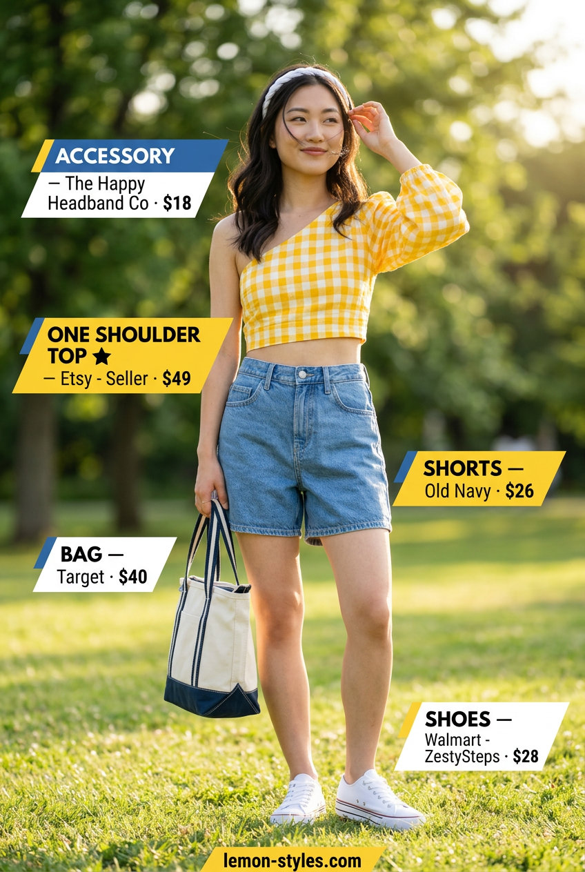 Yellow gingham one shoulder top, denim shorts, white sneakers. Summer One Shoulder Neck outfits for women 2026.