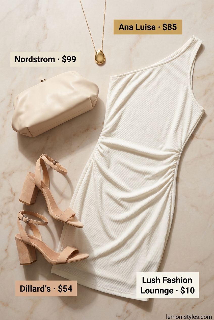 Ivory textured one shoulder midi dress, block heels, envelope clutch. Summer One Shoulder Neck outfits for women 2026.