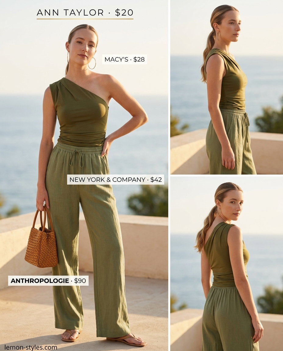 Olive green linen one shoulder top, matching wide-leg pants, leather slides. Summer One Shoulder Neck outfits for women 2026.