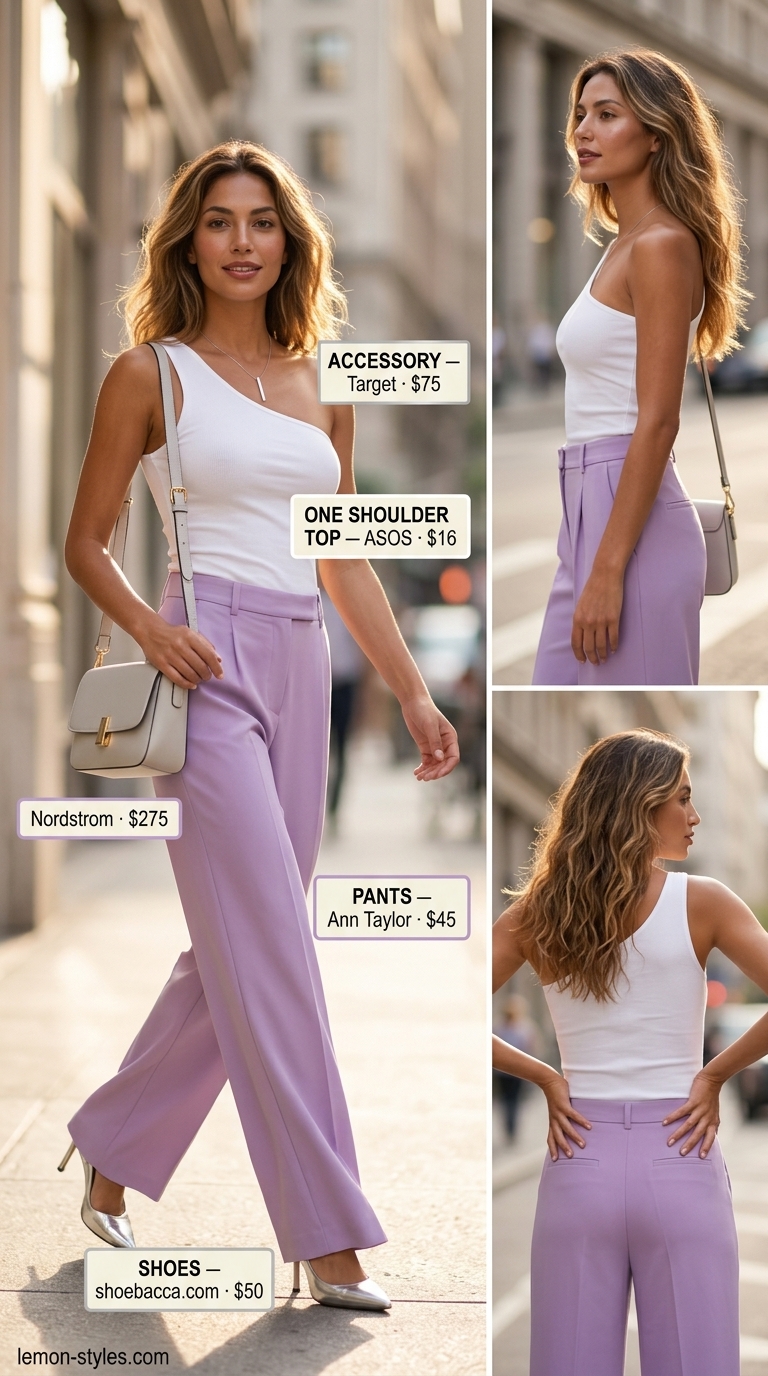 White one shoulder top, lavender wide-leg trousers, silver mules. Summer One Shoulder Neck outfits for women 2026.