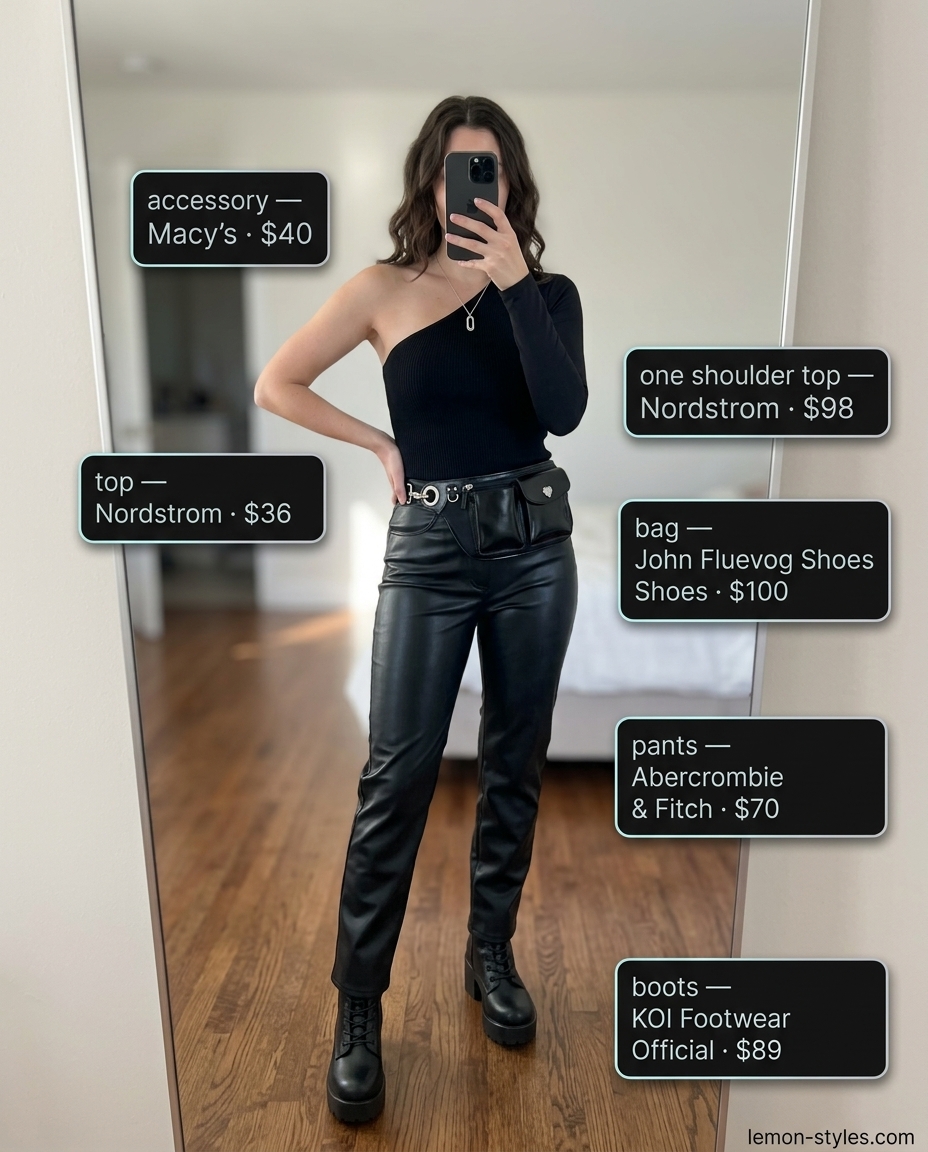 Black one-shoulder knit top with faux leather pants for an edgy urban look.