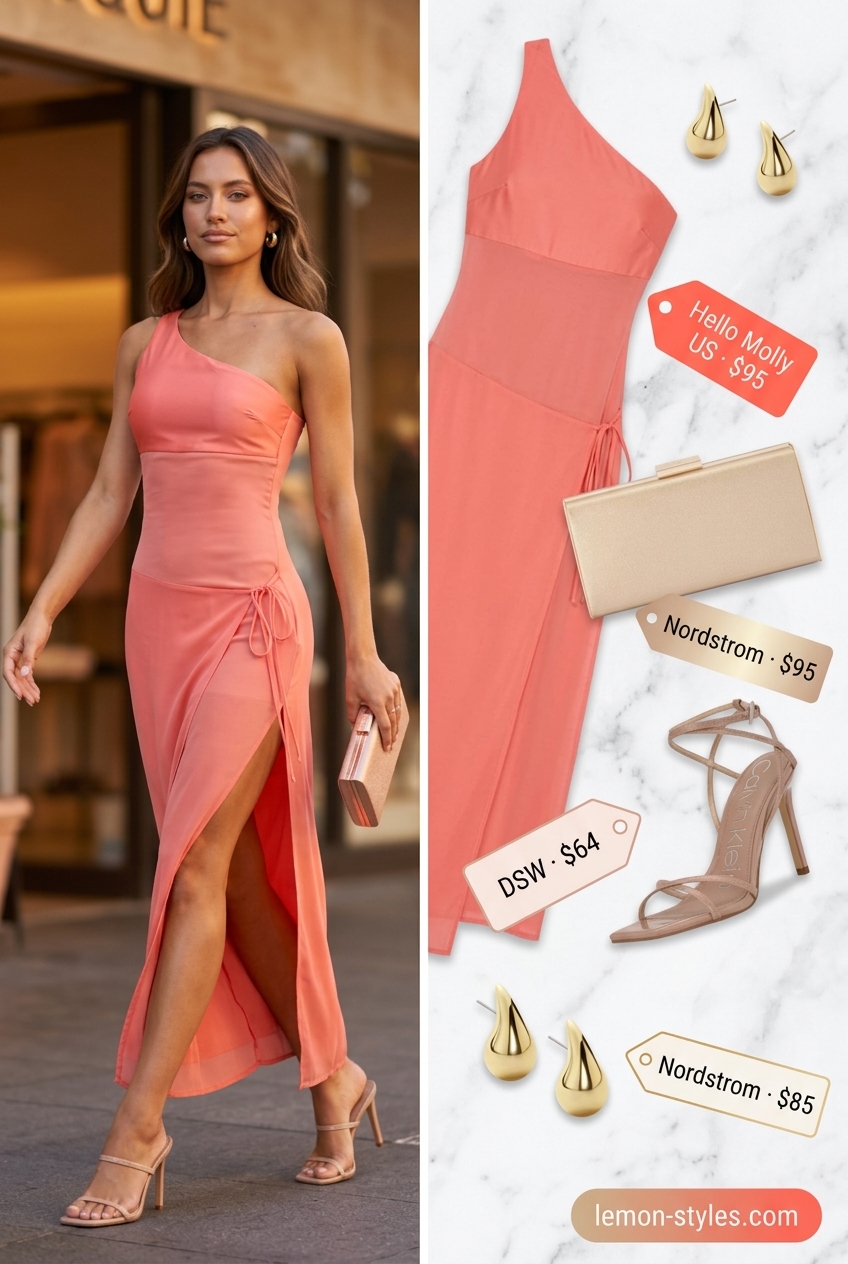Vibrant coral satin one-shoulder maxi dress with gold statement earrings for a summer evening event.