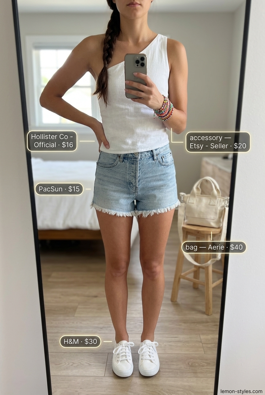 Floral one-shoulder cropped blouse with denim shorts for a playful summer day.