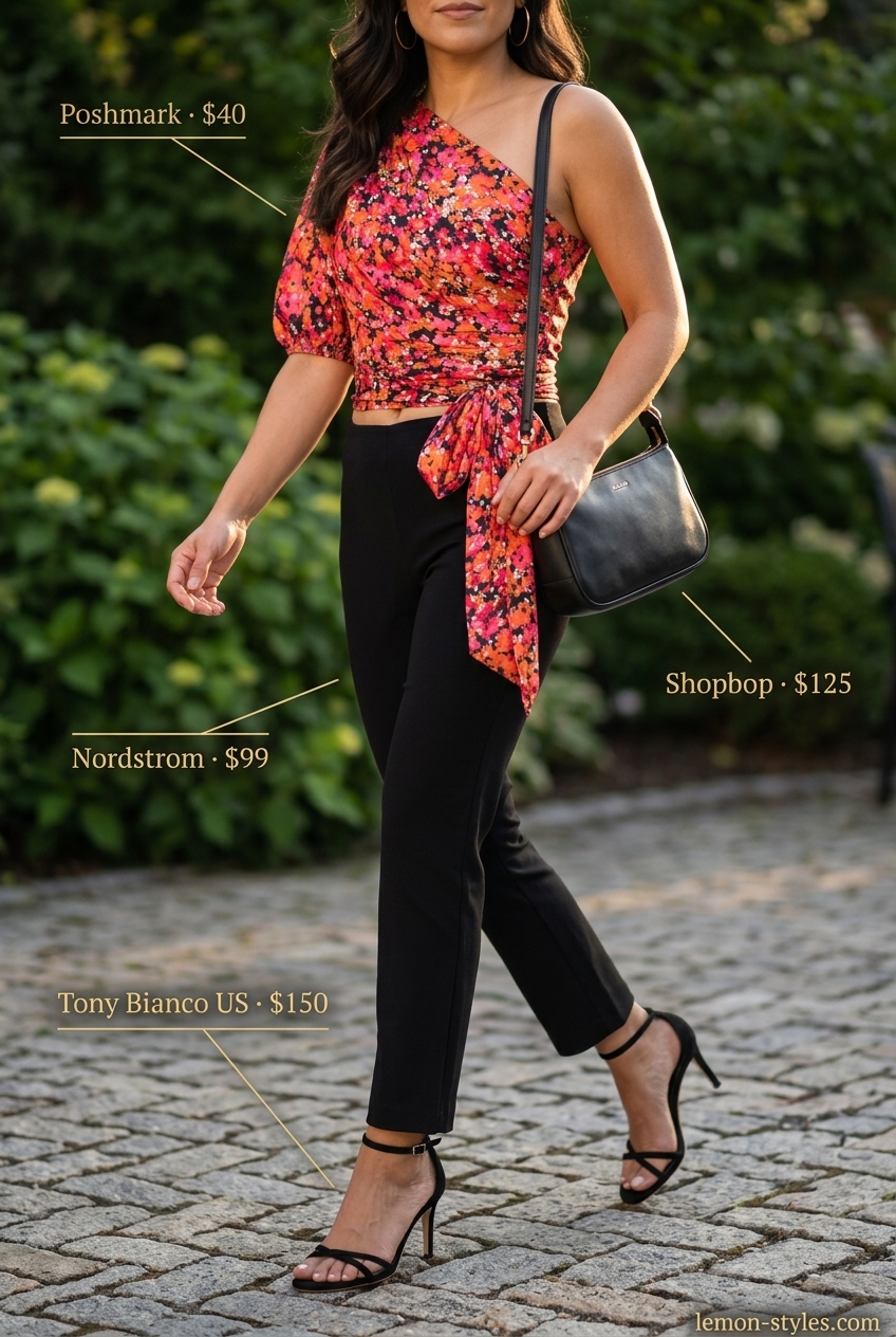 Floral one-shoulder top with tailored trousers for a festive summer evening.