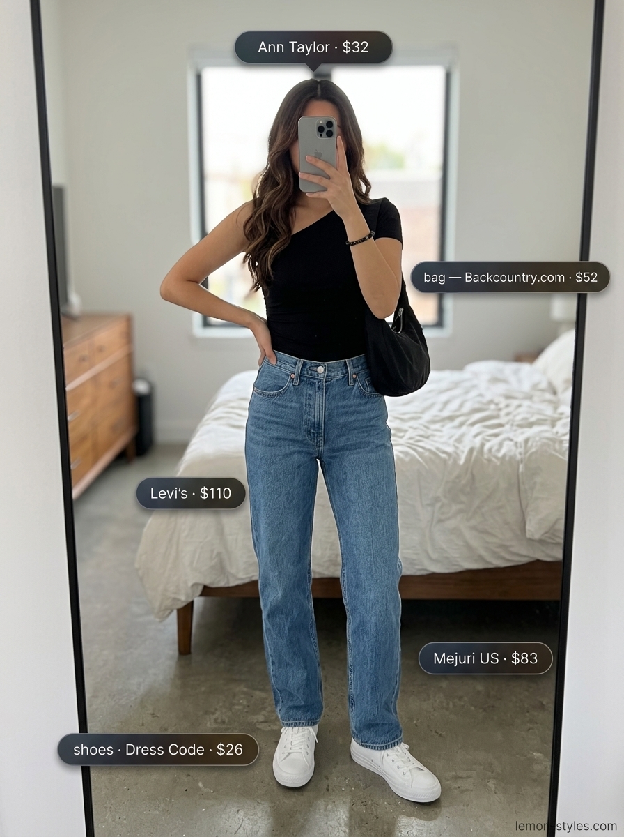 Graphic one-shoulder t-shirt with straight-leg jeans for a cool weekend look.