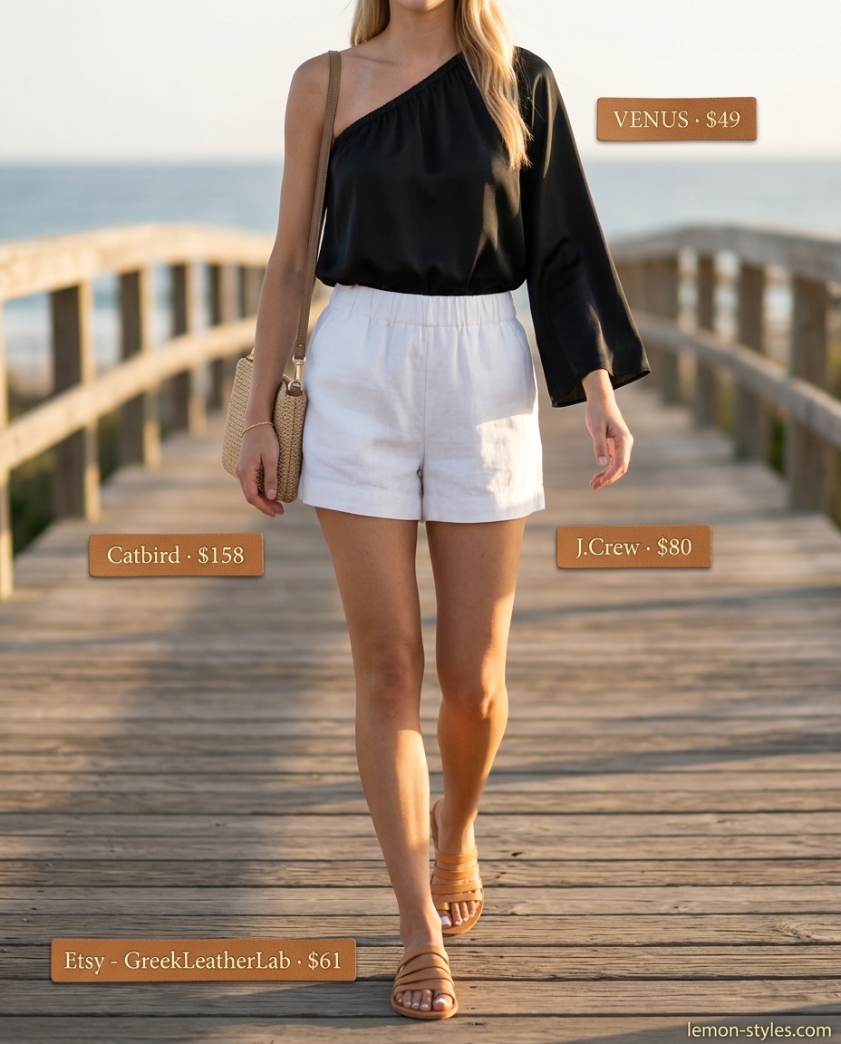 Ocean blue one-shoulder blouse with linen shorts for a coastal summer day out.