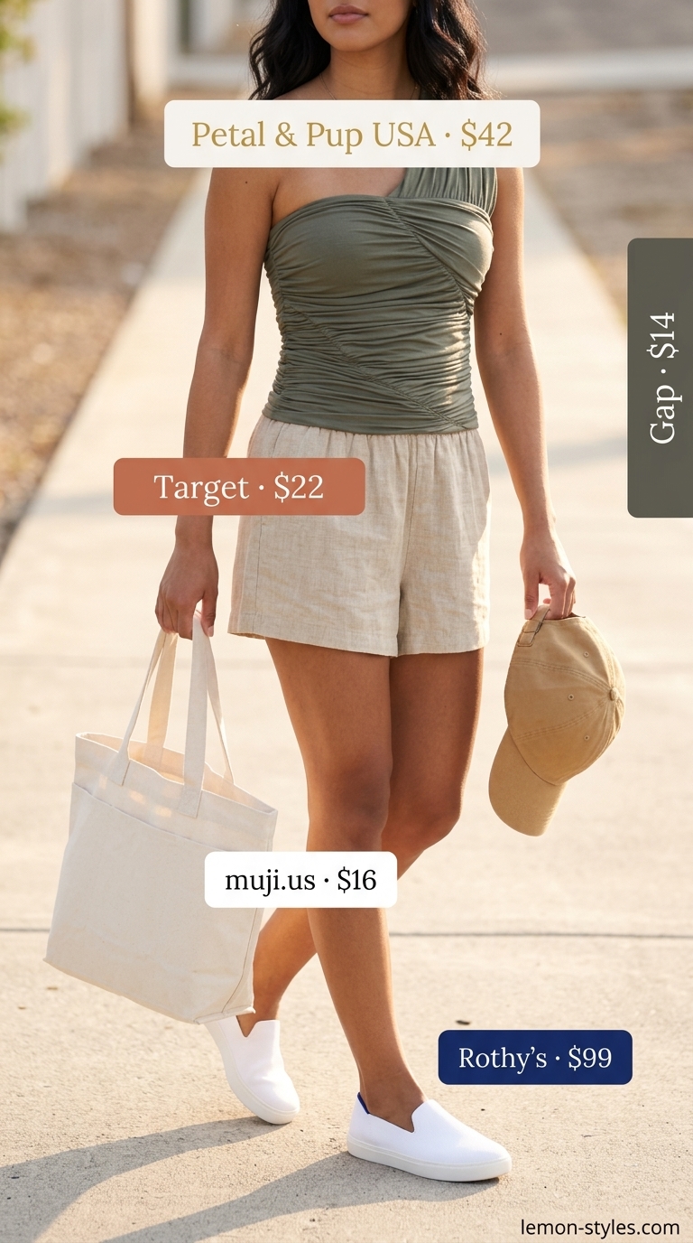 Olive green one-shoulder top with linen shorts for weekend getaway style.