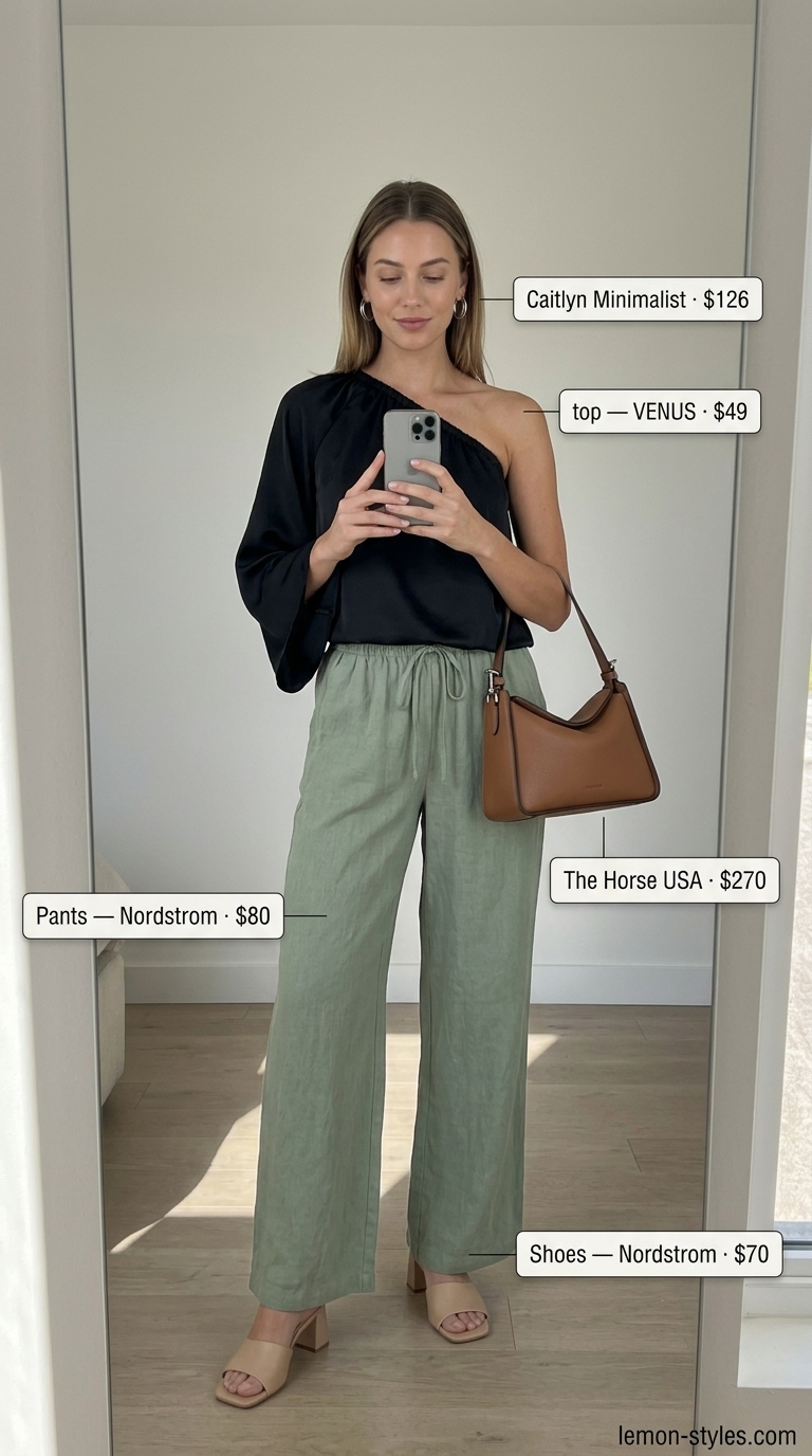 Sage green monochromatic linen outfit with one-shoulder top and wide-leg pants for summer evening.