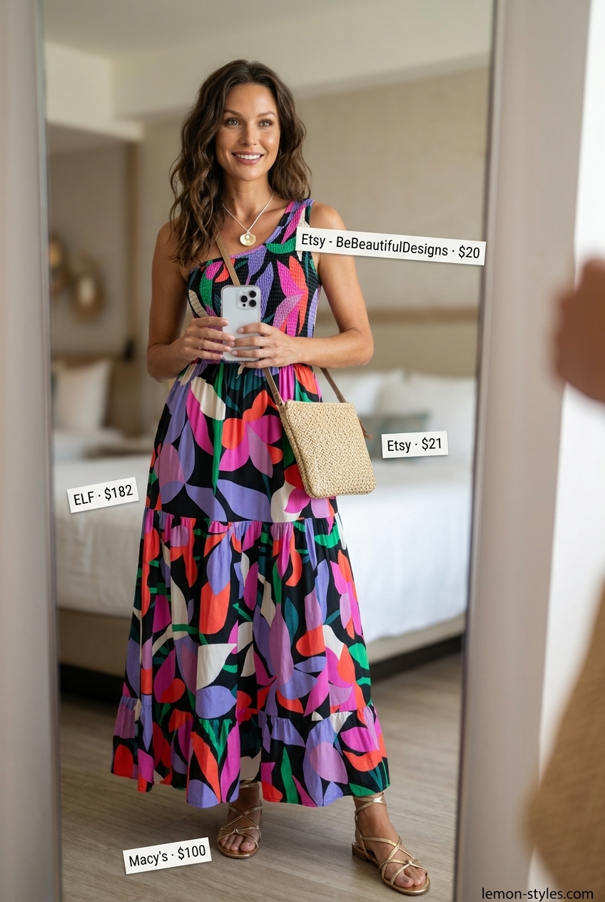 Tropical print one-shoulder maxi dress for vacation evenings and summer parties.