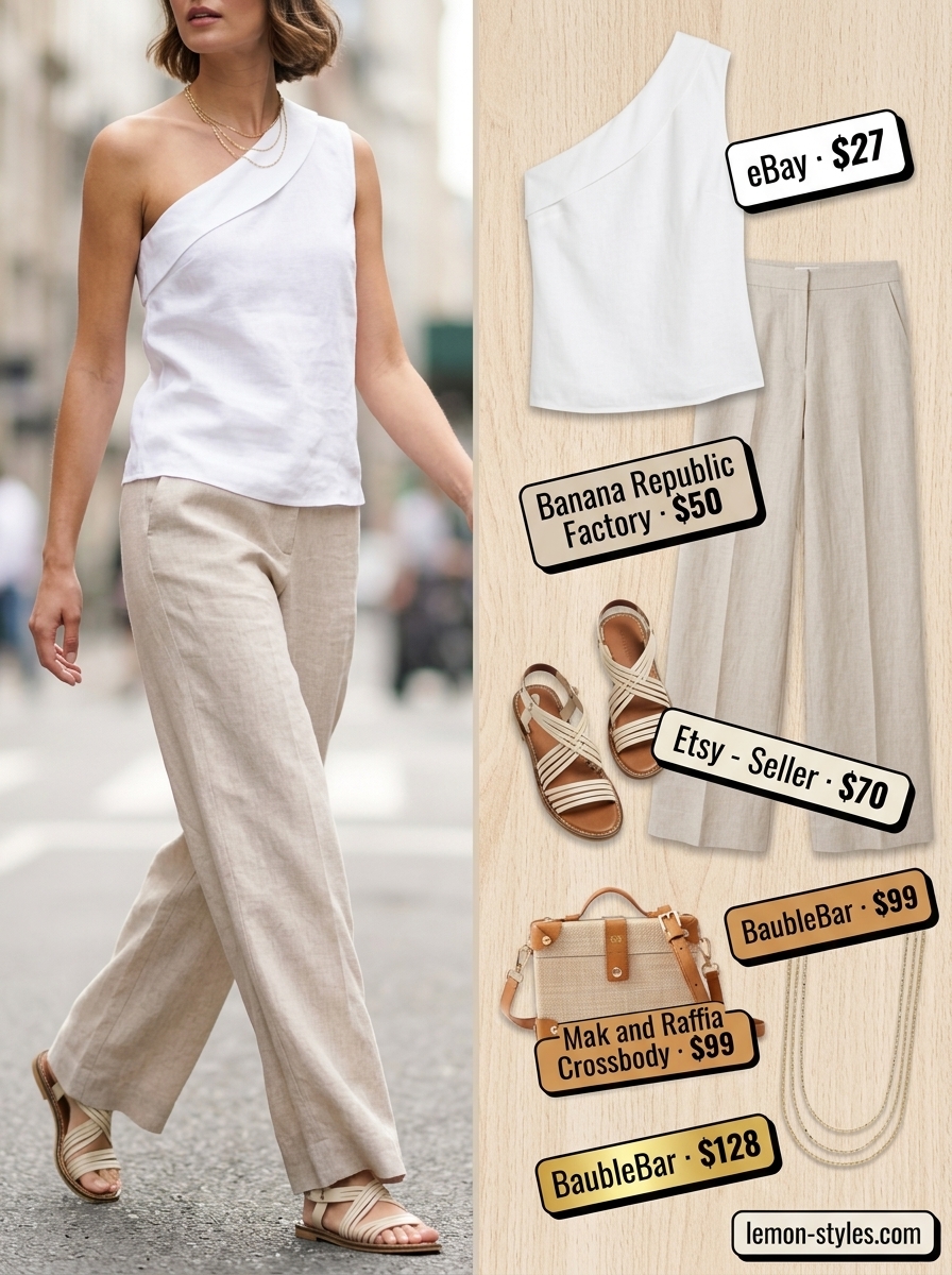 White linen one-shoulder top with wide-leg pants for a chic daytime event.