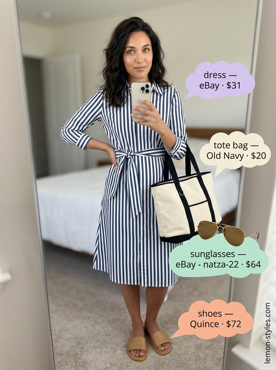 Summer Outfit 2026: Relaxed Shirt Dress Style Light blue stripe shirt dress outfit for casual errands, weekend brunch, relaxed day out. Classic and easy.