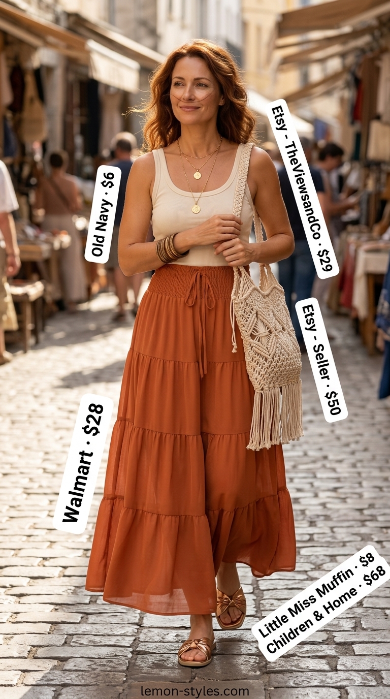 Summer Outfit for Women Over 40 2026: Bohemian Skirt Style Summer outfit for women over 40 2026: Terracotta maxi skirt, cream tank, gold necklaces for farmer's market.
