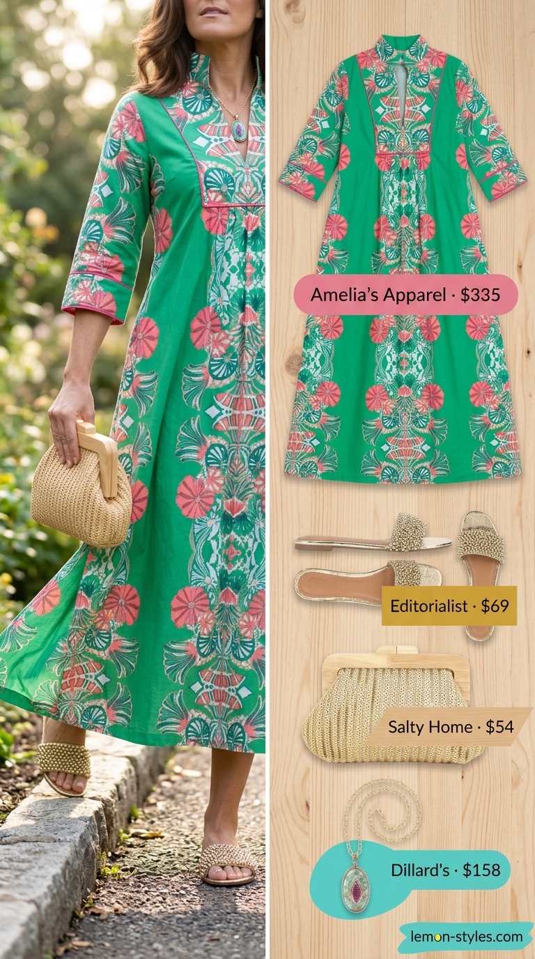 Summer Outfit for Women Over 40 2026: Boho Caftan Bohemian summer outfit for women over 40 2026: Emerald floral caftan dress with layered necklace and embellished sandals.