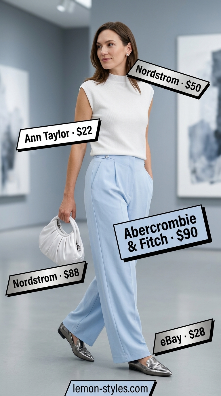 Summer Outfit for Women Over 40 2026: City Comfort Modern summer outfit for women over 40 2026: Light blue trousers, white mock-neck top, silver loafers, and structured bag.