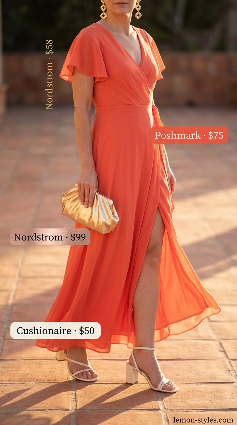 Vibrant Summer Dress for Women Over 40 2026 Coral orange satin midi wrap dress for women over 40, ideal for date night. Summer outfit 2026.