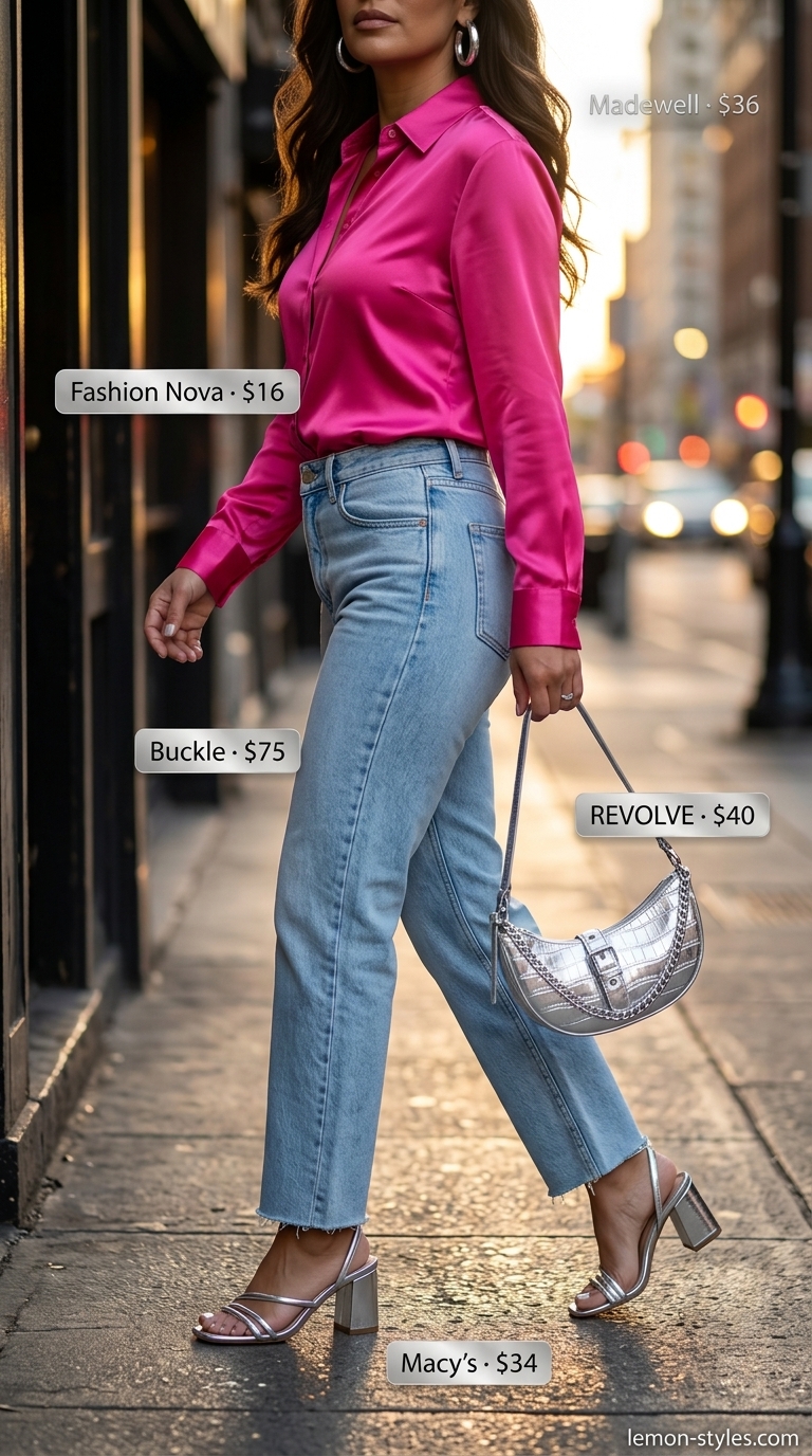 Summer Outfit for Women Over 40 2026: Denim Jeans Night Out Summer outfit for women over 40 2026: Denim jeans, hot pink satin shirt, silver sandals for girls' night out.