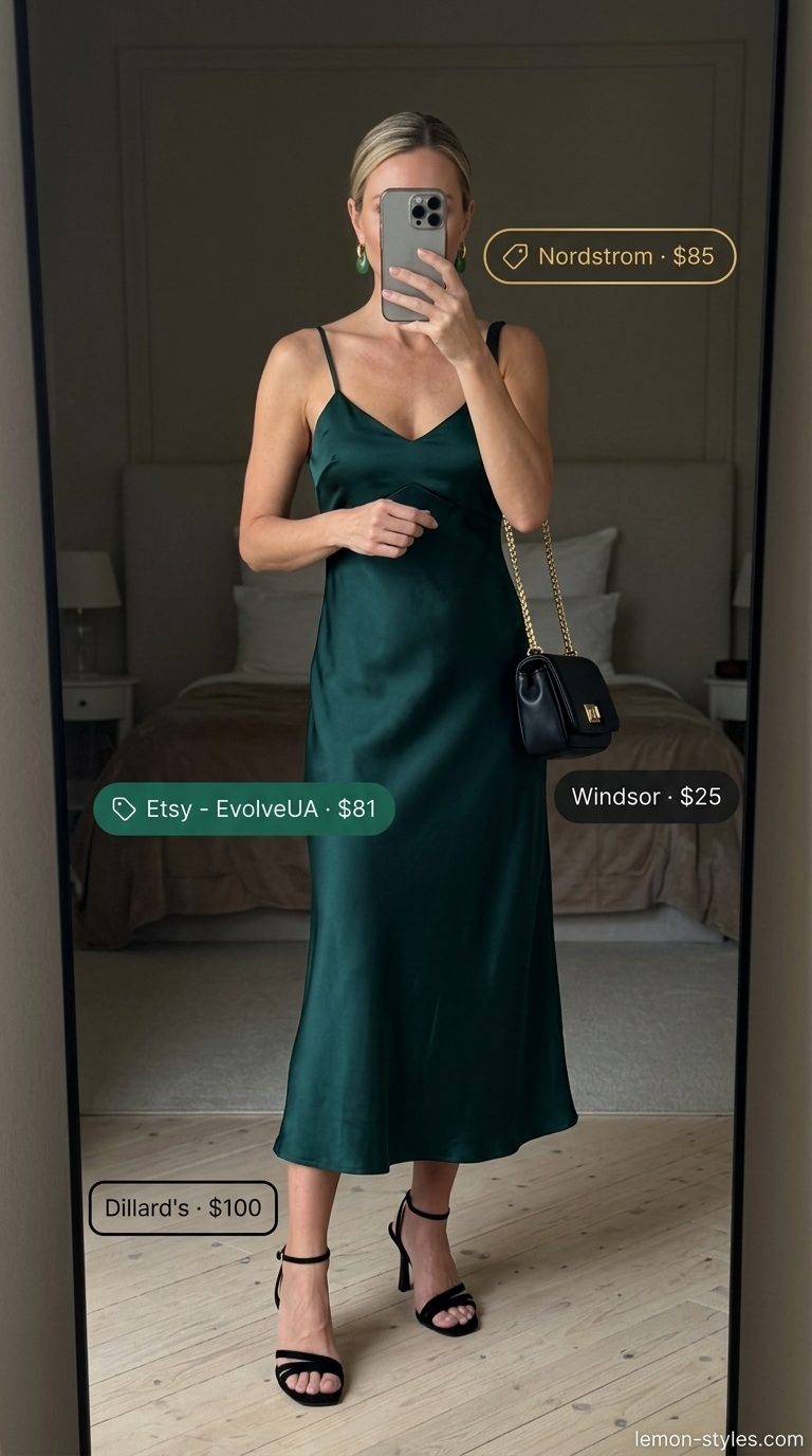 Summer Outfit for Women Over 40 2026: Emerald Dress Glamorous summer outfit for women over 40 2026: Emerald green slip dress with black heels, mini bag, and gold earrings.