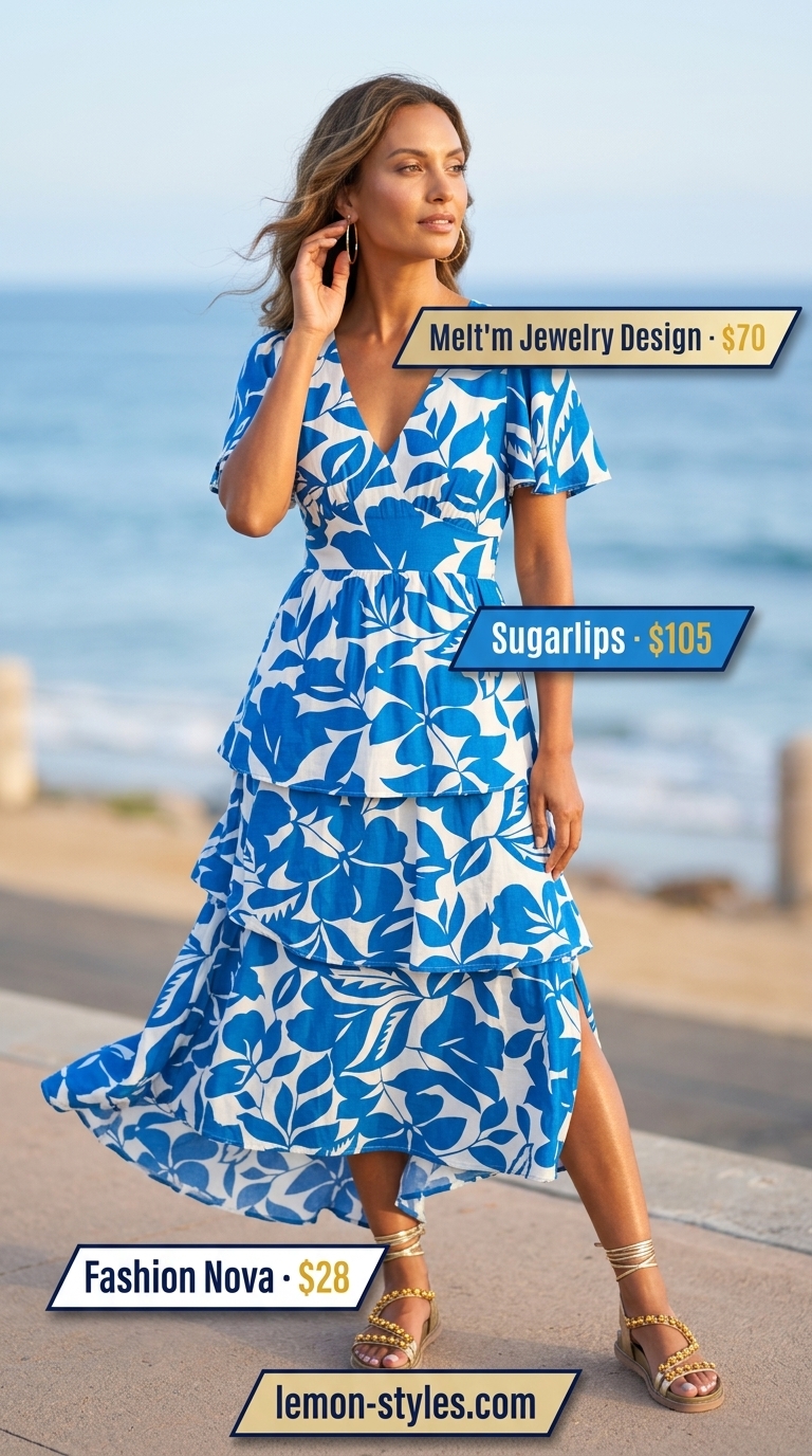 Summer outfit for women over 40 2026: Azure blue floral maxi dress, gold sandals for resort dinner.