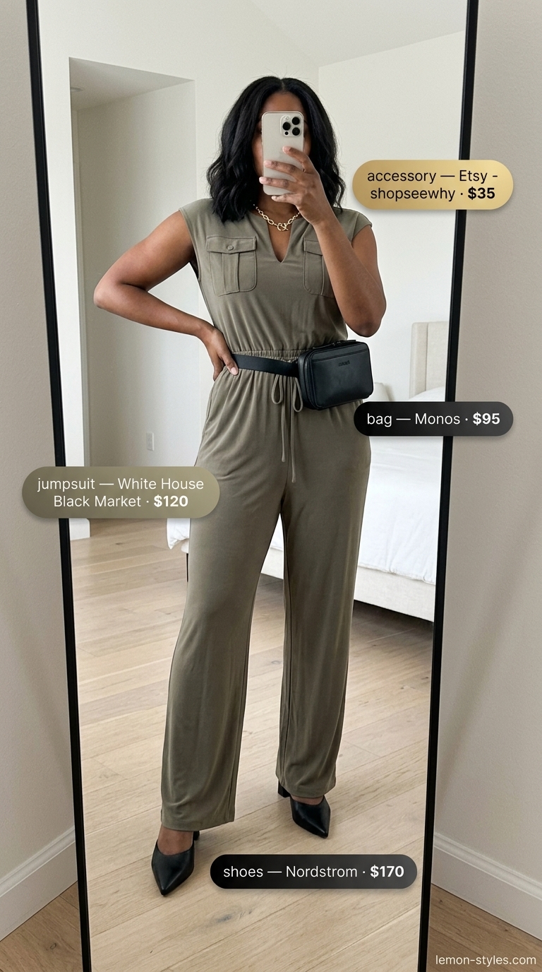 Chic Summer Outfit for Women Over 40 2026 Khaki green utility jumpsuit for women over 40, paired with black mules and gold necklace. Summer outfit 2026.