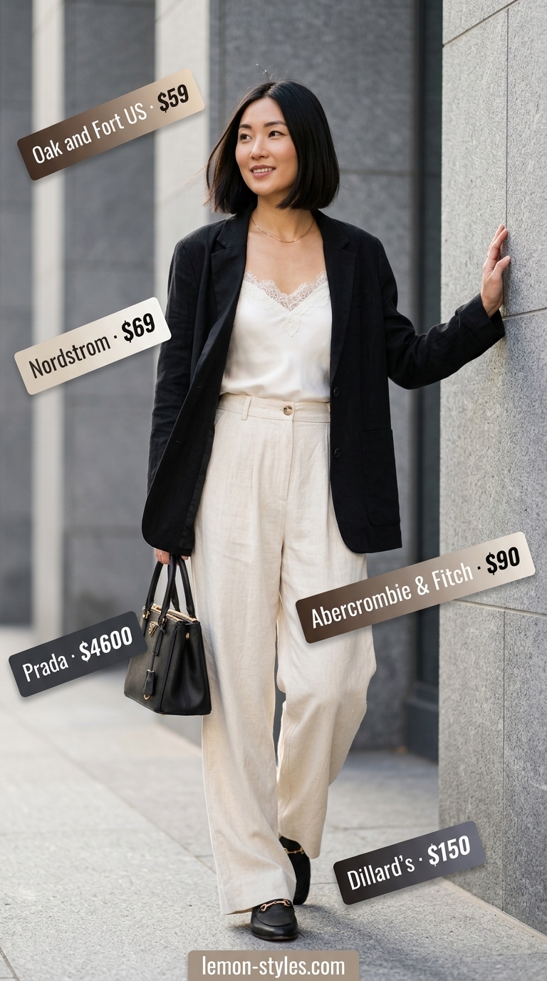 Summer Outfit for Women Over 40 2026: Office Pants Style Summer outfit for women over 40 2026: Khaki linen pants, white camisole, black blazer for office.